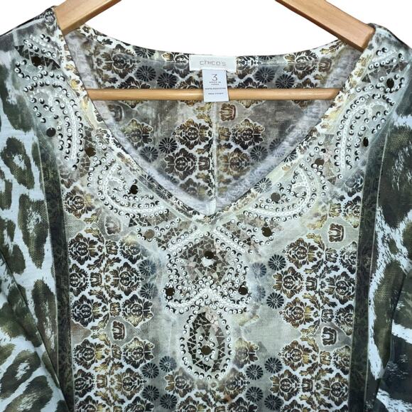 CHICOS Women’s Green Animal Print Beaded Boho Chic Relaxed Fit Blouse‎ 3/XL - Picture 3 of 6